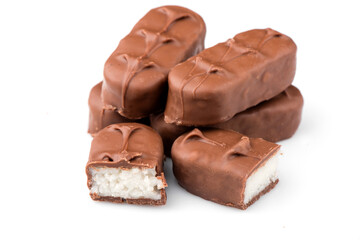 chocolate bar on a white background. bounty bars close-up.