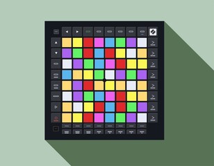 Realistic controller for vector electronic music production. USB device for connecting to a computer. Technique for DJs and live performances. MIDI interface for musicians. Night clubs theme.   © Dubs Studio