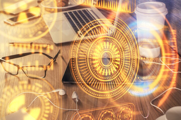 Double exposure of tech theme sketch over cell phone background. Concept of technology