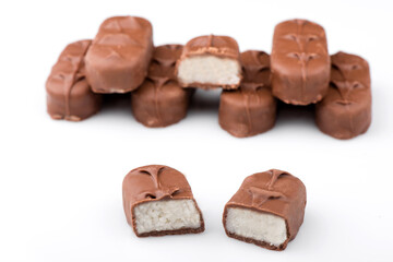 chocolate bar on a white background. bounty bars close-up.
