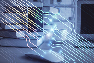 Double exposure of data theme drawing and mobile phone background. Concept of innovation