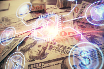 Double exposure of data theme drawing over us dollars bill background. Technology concept.