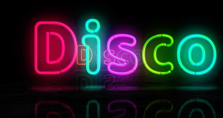 Disco symbol neon light 3d illustration