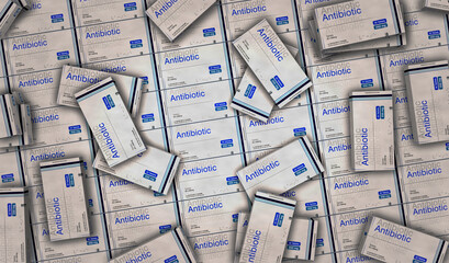 Antibiotic medicine box pack production 3d illustration