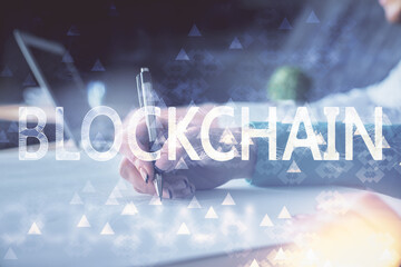 Double exposure of blockchain theme drawing over people taking notes background. Concept of cryptocurrency