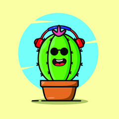 Vector cartoon illustrations of green cactus with happy and listening to music emotions. Funny emotions character collection for kids. Fantasy characters.  