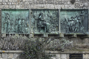 Bronze commemorative plaques monument to Victor Hugo in Paris (1802) that survived during World War...