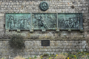 Bronze commemorative plaques monument to Victor Hugo in Paris (1802) that survived during World War...