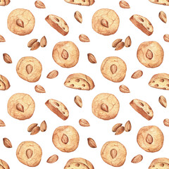 Almond round cookies, biscottis and almond nuts on white isolated background. Seamless pattern, watercolor hand painted elements. For cafe design, kitchen decor and textile, wrapping paper and more. 