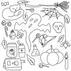Obraz premium Set of outline doodles to Halloween, symbolic festive items and characters