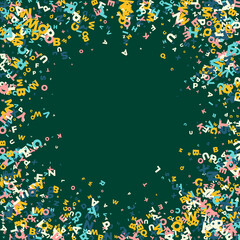 Falling letters of English language. Light flying words of Latin alphabet. Foreign languages study concept. Extraordinary back to school banner on blackboard background.