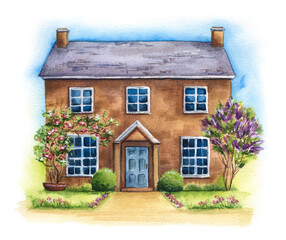 Traditional two-storied English house on a green lawn with lilac on white background. Watercolor hand drawn illustration of British cottage with garden and sky
 - obrazy, fototapety, plakaty
