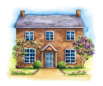 Traditional two-storied English house on a green lawn with lilac on white background. Watercolor hand drawn illustration of British cottage with garden and sky

