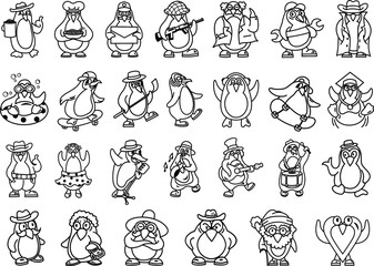 27 set of line vector illustrations of various types of penguin characters on a white background.