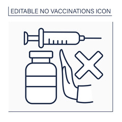Obraz premium Stop vaccination line icon. Ban on using vaccines to fight against covid19. No vaccinations concept. Isolated vector illustration. Editable stroke