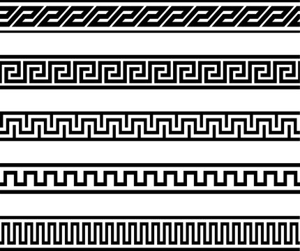 Collection of Greek pottery ornamental borders. Decorative meander patterns.
