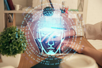 Double exposure of woman hands working on computer and brain hologram drawing. Ai concept.