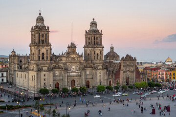 Historical landmark Mexico City Metropolitan Cathedral at sunset, Mexico.