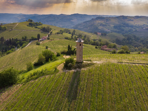 Tower of Contini in Canelli vineyards, piemonte, Italy. Langhe Monferrato wine region