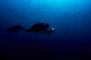 Fototapeta na wymiar Underwater photographer silhouette diving in blue water background