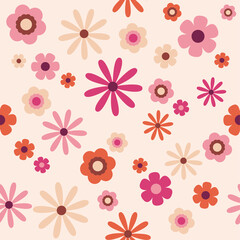 70's Indie Retro Aesthetic, Pink, Orange and Soft Neutral Beige Seamless Flower Power Floral Vector Repeating Pattern 