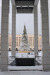 MURMANSK, RUSSIA - FEBRUARY 10, 2021: Day view of the Christmas tree on Five Corners Square