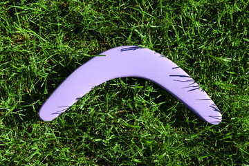 Violet wooden boomerang on green grass outdoors, above view