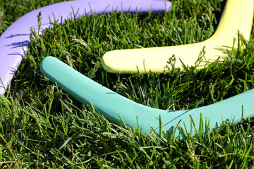 Turquoise, yellow and violet wooden boomerangs on green grass outdoors, closeup