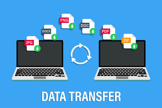 Data transfer illustration. Two laptops sharing different files. Vector illustration