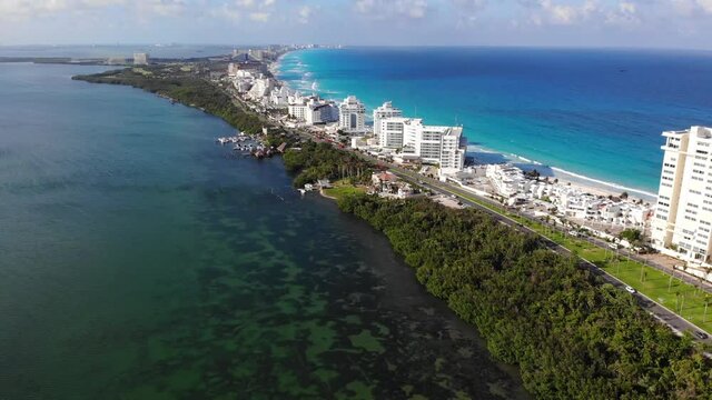 Aerial view of Caribbean sea coast in Cancun, Quintana Roo, Mexico