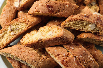 Traditional Italian almond biscuits (Cantucci) as background, top view
