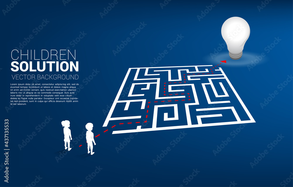 Poster silhouette of boy and girl with route path to exit the maze to light bulb. concept of education solu