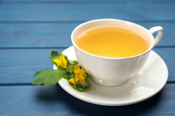 Fototapeta na wymiar Cup of aromatic celandine tea and flowers on blue wooden table, closeup. Space for text