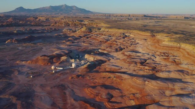 Mars Research Station area station and moonscape rocky formation. Utah. Aerial circling