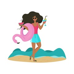 Summer time vector illustration. Happy girl on the beach with watermelon and flamingo float circle and blue waves. Vocation time. Flat trendy style.