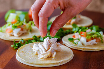 Finished dropping pieces of chicken on a tortilla.