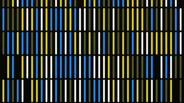 Abstract vertical parallel rows of line segments moving intermittently from bottom to top isolated on black background. Animation. Seamless loop motion of colorful stripes.