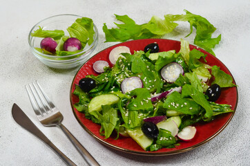 fresh summer salad of radishes, cucumbers, olives and sesame seeds on a ceramic plate