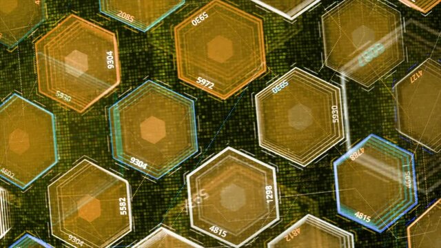 Abstract transparent silhouettes of hexagons flowing in front of colorful rows of geometric figures. Animation. Visualization of circuit board, seamless loop.