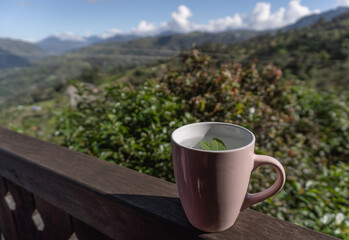 A cup of tea on a railing balcony with a beatiful and natural landscape view