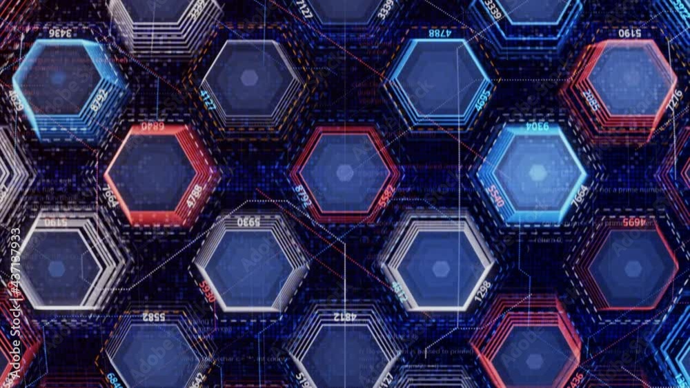 Aufkleber abstract visualization of data processing on hexagons and dark background, seamless loop. animation.