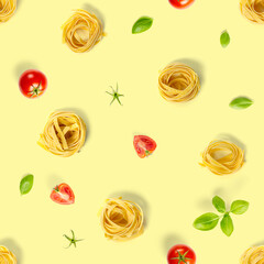 Seamless pattern from Italian tagliatelle pasta. raw pasta fettuccine, pop art background, flat lay. Italian raw nest pasta isolated on yellow.