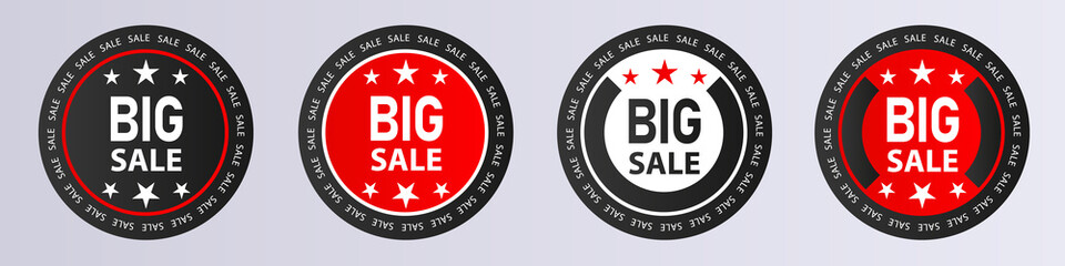 Set of Modern Premium Sale Circle Badges. Editable red black white designs collection with text and star symbols