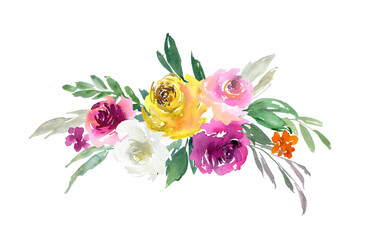 Watercolor floral bouquet, arrangement flowers roses peonies and leaves branches - 437138180