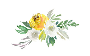 Watercolor floral bouquet, arrangement flowers roses peonies and leaves branches - 437138181