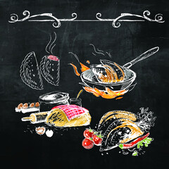 Vector illustration chalk drawing on the blackboard depicting the process of making chebureks, doodles, image of the ingredients and the dish itself © Яна Баранцева