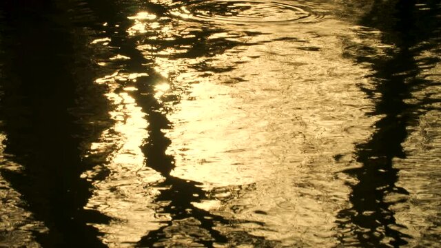 Abstract background 4K video clip of golden light reflecting on lake or river water with ripples and reflections