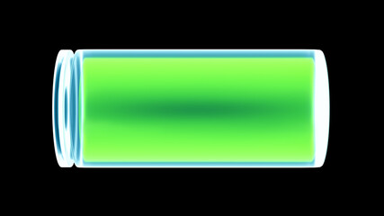 fully charged 3D battery icon illustration, neon glowing smartphone device recharging, power and energy technology concept