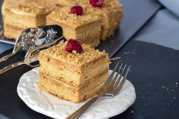 Homemade honey cake on slate background. Honeycomb with raspberry. Dark background. Selective focus.