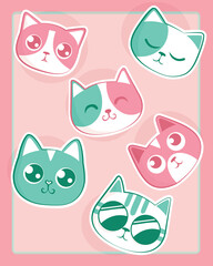 Cute cats expressions in flat pink background